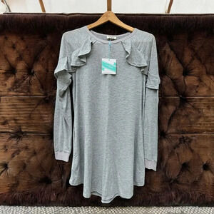 Umgee NWT Gray Long Sleeve T Shirt Dress Distressed Hem Ruffled Pockets Sz S